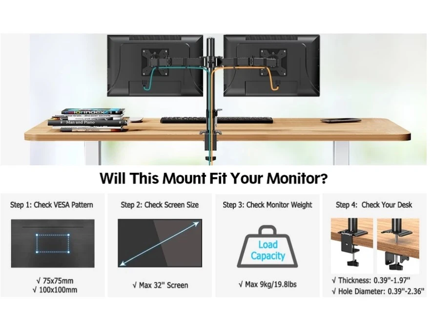 Inplay KMT-2 Dual Arm Monitor Stand Monitor Mount Adjustable With C Clamp Stand For 14-27" Monitor